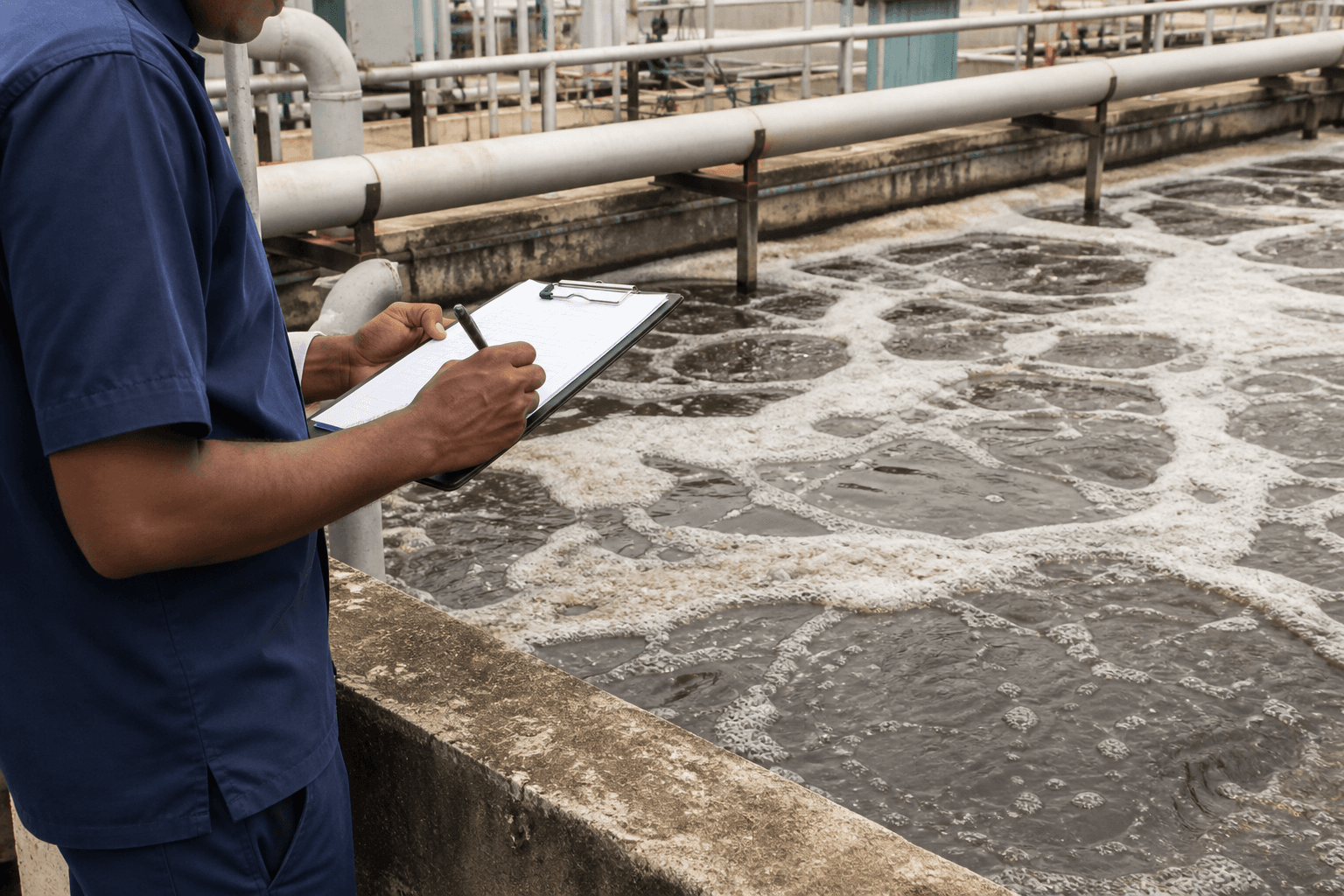 Technician inspecting an activated sludge aeration basin