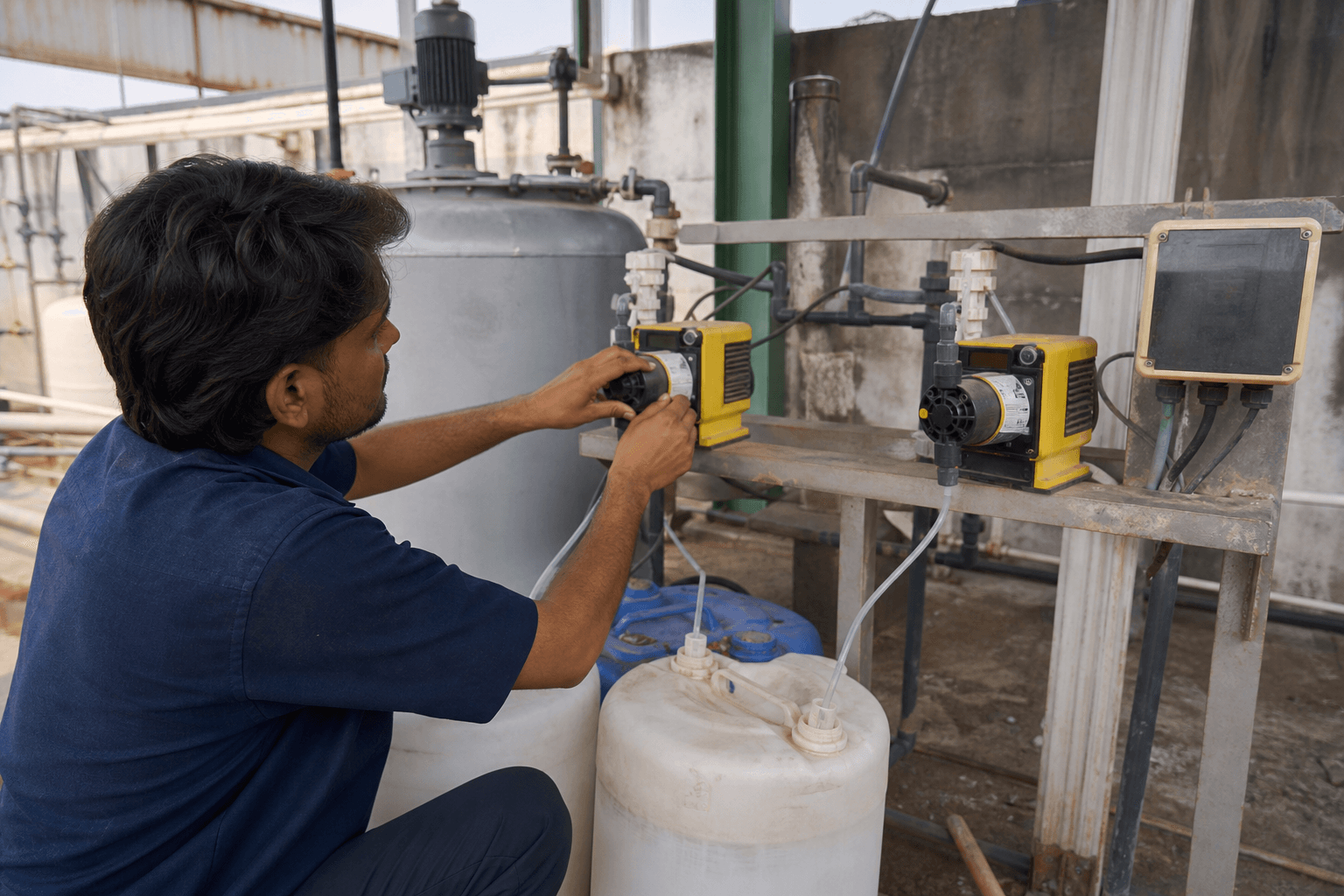 Chemical dosing and mixing unit at a wastewater treatment site