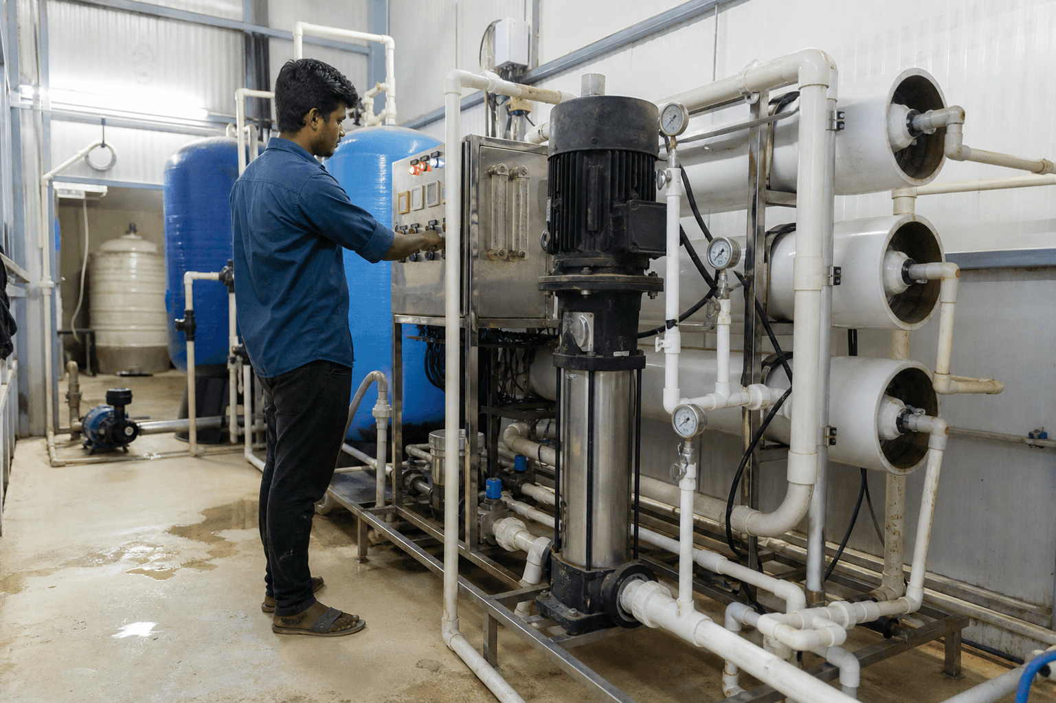 Reverse osmosis membrane skid and piping at a treatment facility