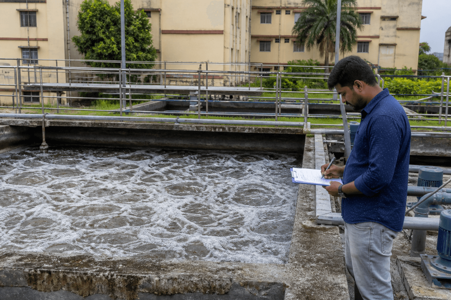 Sewage treatment plant aeration tank in operation