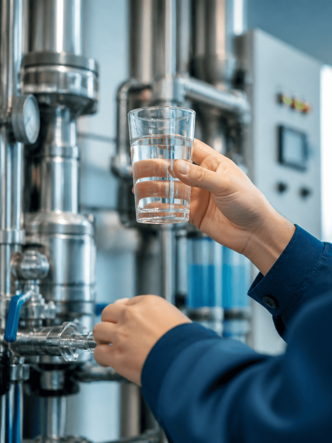 Technician inspecting a Hindustan Hydro Treatments filtration installation